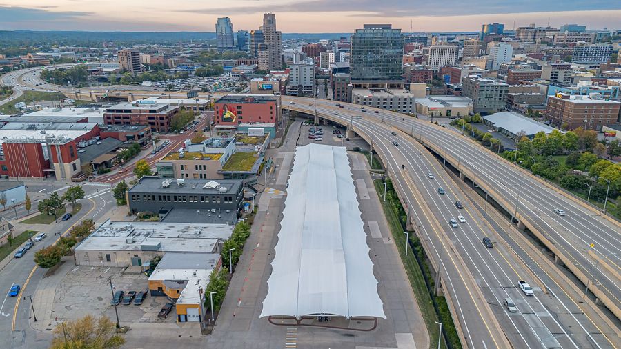Aerial view of Grand Rapids neighborhoods along US-131