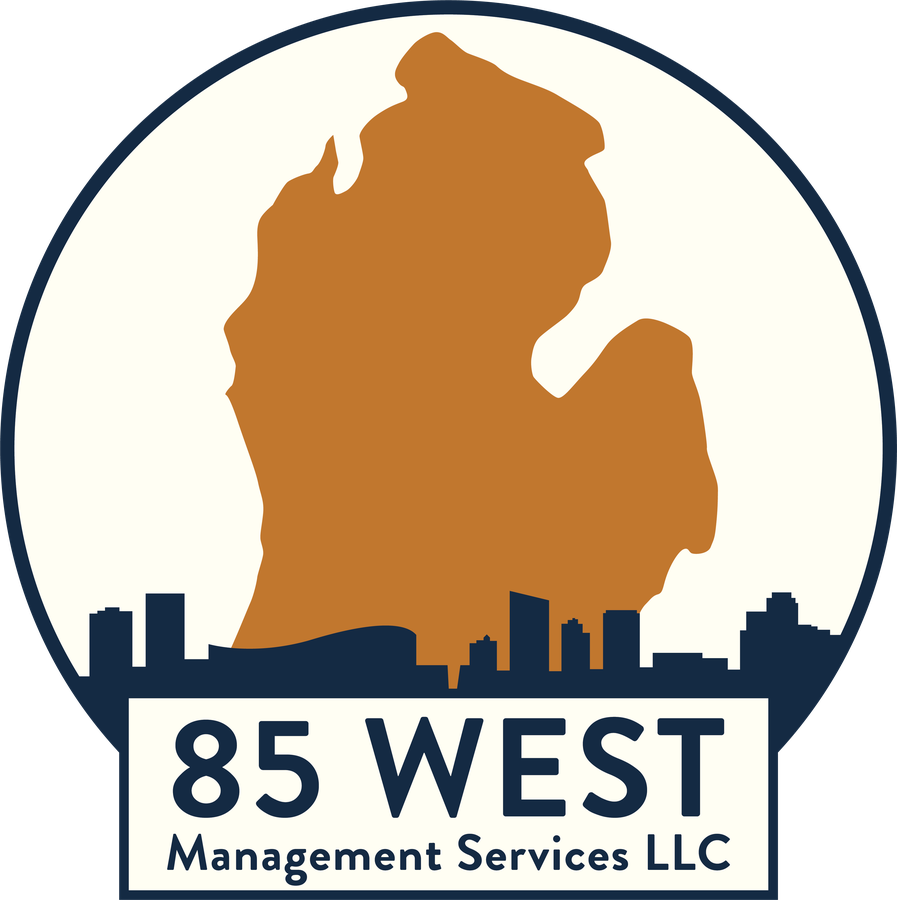 85 West Management Services logo: Michigan over the Grand Rapids skyline